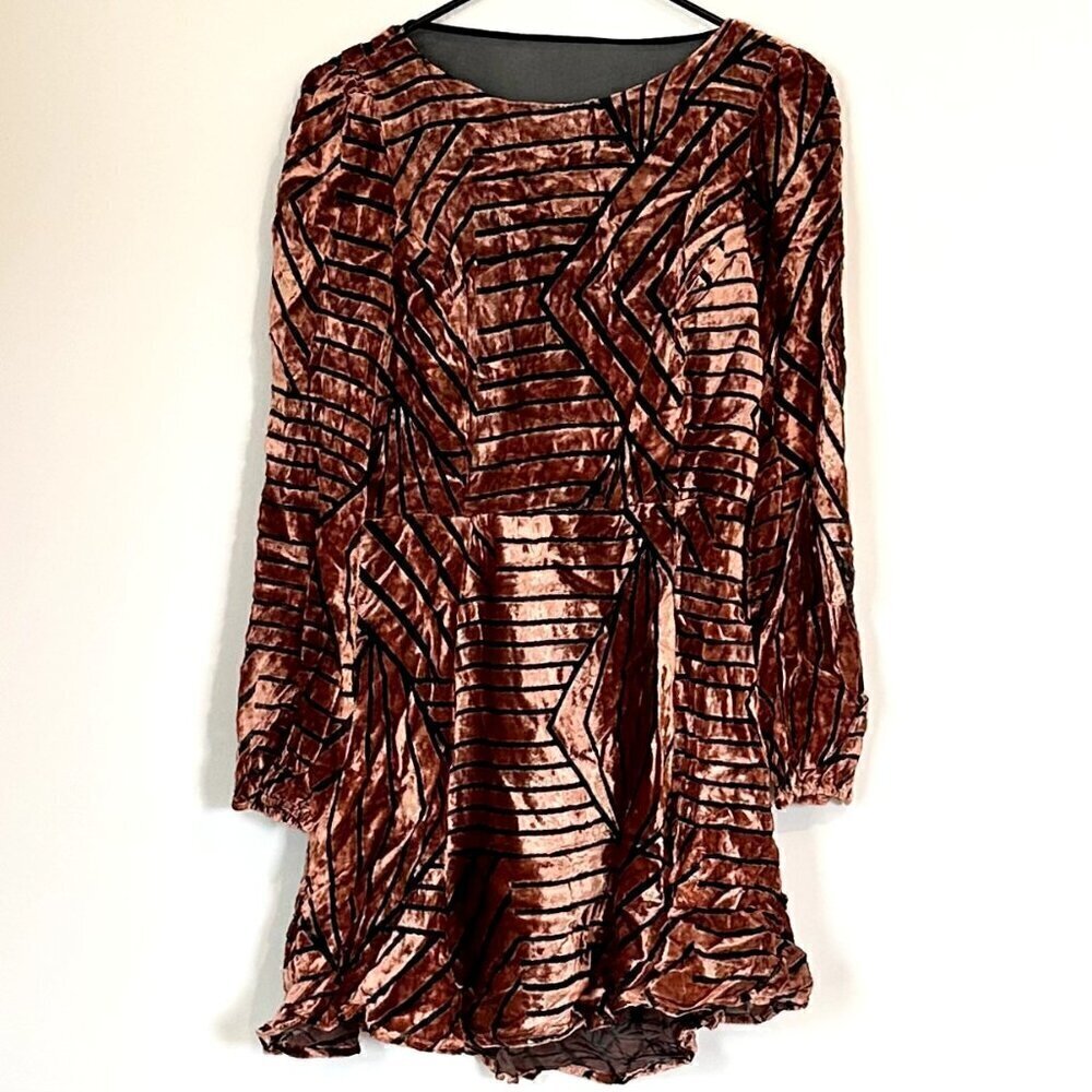 Line & Dot Velvet Geometric Long Sleeve Mesh Mini Dress - Size Medium
